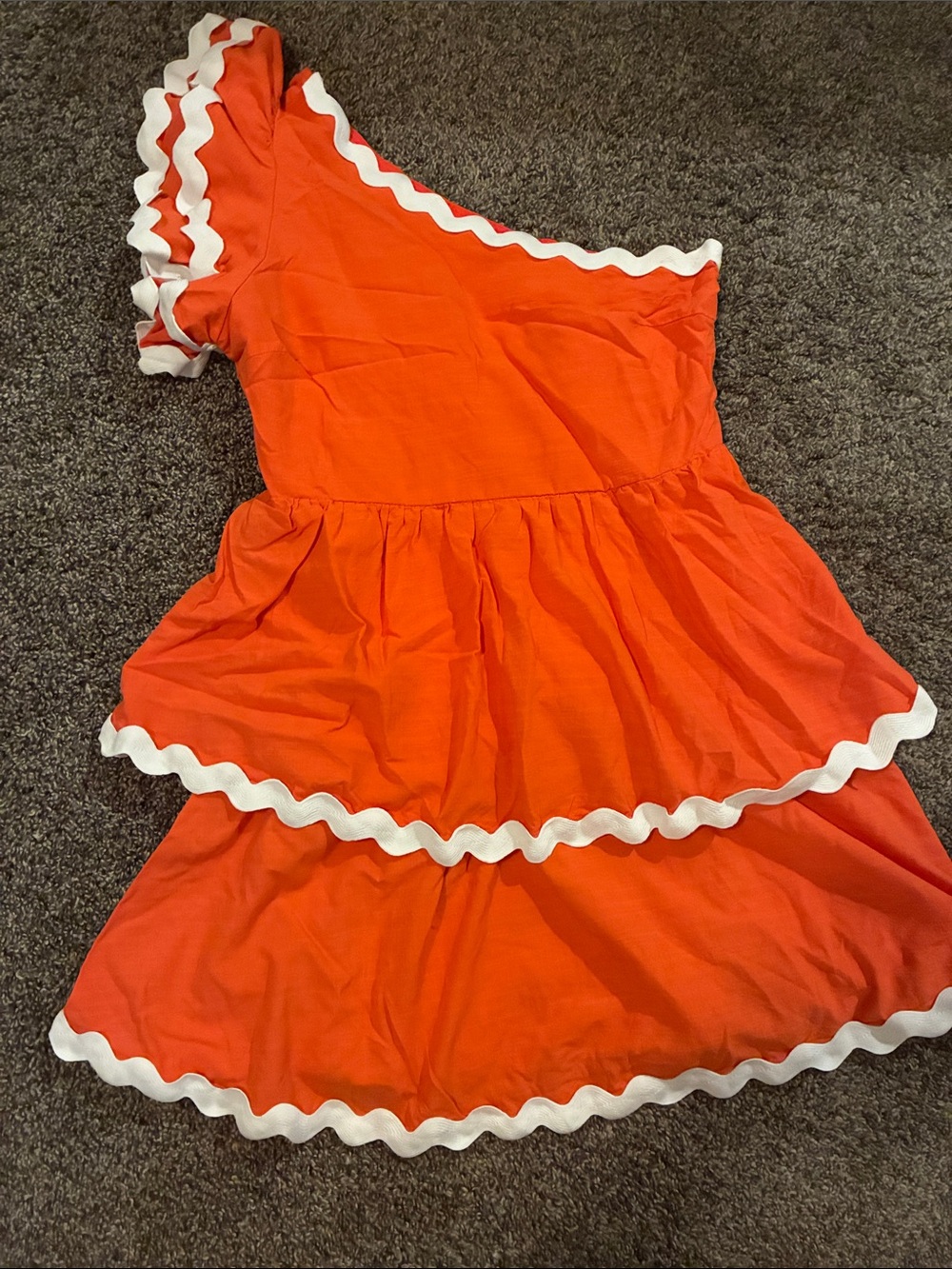 One-Shoulder Orange Ruffle Mini Dress with White Trim